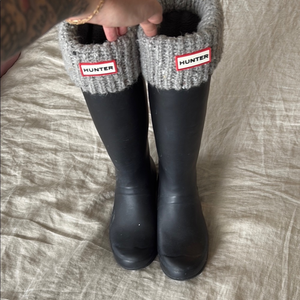 Hunter Black Rain Boots with Gray Knit Cuffs
